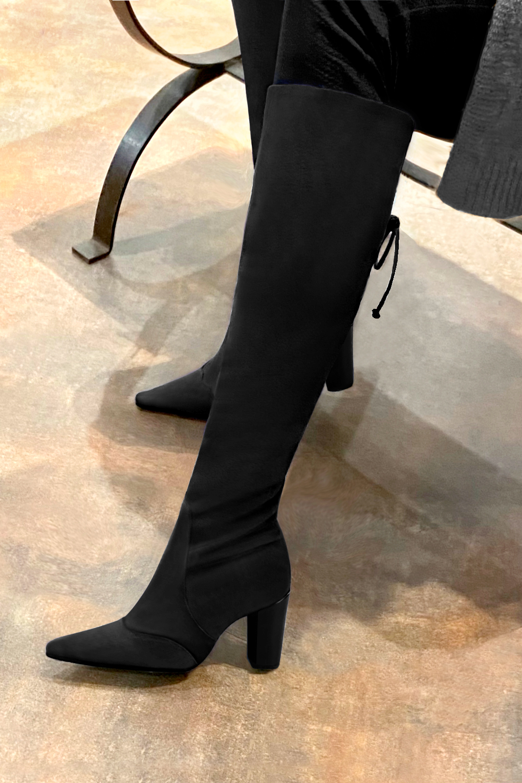 Matt black women's knee-high boots, with laces at the back. Tapered toe. Very high block heels. Made to measure. Worn view - Florence KOOIJMAN